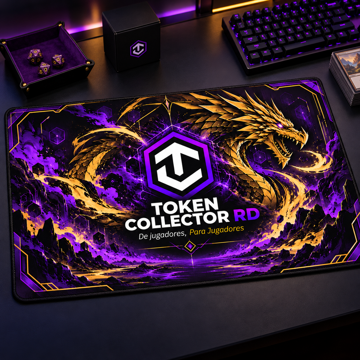 Vista ilustrativa del playmat Token Collector RD en estudio.